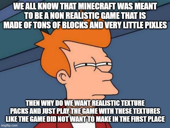 Minecraft Meme | WE ALL KNOW THAT MINECRAFT WAS MEANT TO BE A NON REALISTIC GAME THAT IS MADE OF TONS OF BLOCKS AND VERY LITTLE PIXLES; THEN WHY DO WE WANT REALISTIC TEXTURE PACKS AND JUST PLAY THE GAME WITH THESE TEXTURES LIKE THE GAME DID NOT WANT TO MAKE IN THE FIRST PLACE | image tagged in memes,futurama fry | made w/ Imgflip meme maker