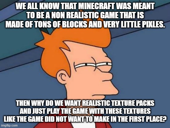 Minecraft Meme | WE ALL KNOW THAT MINECRAFT WAS MEANT TO BE A NON REALISTIC GAME THAT IS MADE OF TONS OF BLOCKS AND VERY LITTLE PIXLES. THEN WHY DO WE WANT REALISTIC TEXTURE PACKS AND JUST PLAY THE GAME WITH THESE TEXTURES LIKE THE GAME DID NOT WANT TO MAKE IN THE FIRST PLACE? | image tagged in memes,futurama fry | made w/ Imgflip meme maker