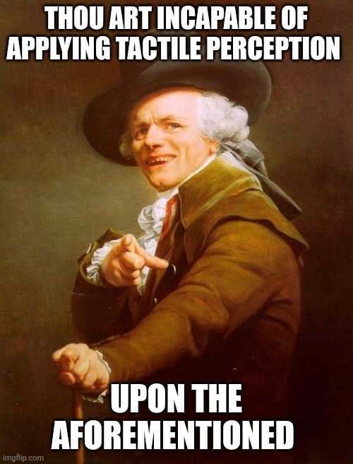From the master of the mallet | THOU ART INCAPABLE OF APPLYING TACTILE PERCEPTION; UPON THE AFOREMENTIONED | image tagged in memes,joseph ducreux | made w/ Imgflip meme maker