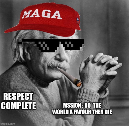 Einstein | RESPECT COMPLETE; MSSION : DO  THE WORLD A FAVOUR THEN DIE | image tagged in einstein | made w/ Imgflip meme maker