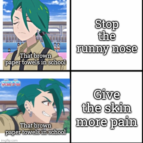 Anyone has those brown papers? I have one in my school and it was painful. | Stop the runny nose; That brown paper towels in school; Give the skin more pain; That brown paper towels in school | image tagged in runny nose,paper | made w/ Imgflip meme maker