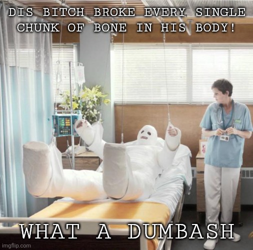 Mama said my job I sent my check | DIS BITCH BROKE EVERY SINGLE
CHUNK OF BONE IN HIS BODY! WHAT A DUMBASH | image tagged in man in full body cast | made w/ Imgflip meme maker
