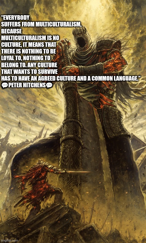 The absence of culture in multiculturalism | “EVERYBODY SUFFERS FROM MULTICULTURALISM, BECAUSE MULTICULTURALISM IS NO CULTURE, IT MEANS THAT THERE IS NOTHING TO BE LOYAL TO, NOTHING TO BELONG TO. ANY CULTURE THAT WANTS TO SURVIVE HAS TO HAVE AN AGREED CULTURE AND A COMMON LANGUAGE.”

💬PETER HITCHENS💬 | image tagged in multiculturalism,suicidal empathy,peter hitchens,culture,western culture | made w/ Imgflip meme maker