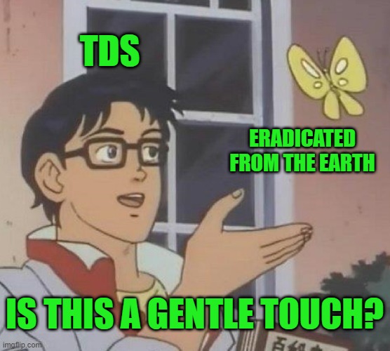 Is This A Pigeon Meme | TDS ERADICATED FROM THE EARTH IS THIS A GENTLE TOUCH? | image tagged in memes,is this a pigeon | made w/ Imgflip meme maker