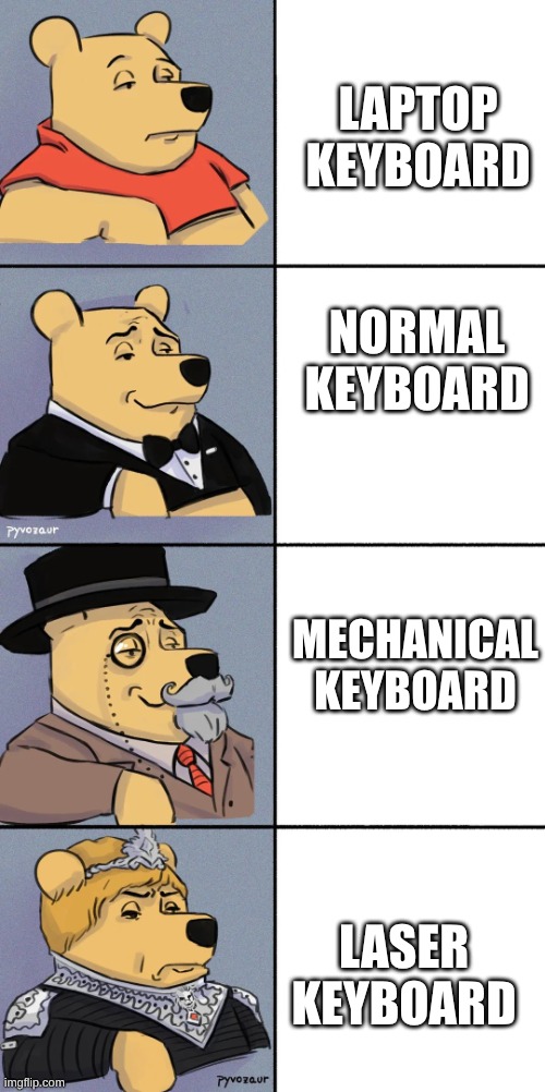 keyboard meme | LAPTOP KEYBOARD; NORMAL KEYBOARD; MECHANICAL KEYBOARD; LASER KEYBOARD | image tagged in pooh bear meme,keyboard | made w/ Imgflip meme maker