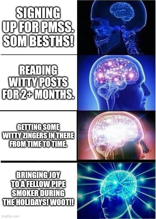 Expanding Brain Meme | SIGNING UP FOR PMSS. SOM BESTHS! READING WITTY POSTS FOR 2+ MONTHS. GETTING SOME WITTY ZINGERS IN THERE FROM TIME TO TIME. BRINGING JOY TO A FELLOW PIPE SMOKER DURING THE HOLIDAYS! WOOT!! | image tagged in memes,expanding brain | made w/ Imgflip meme maker