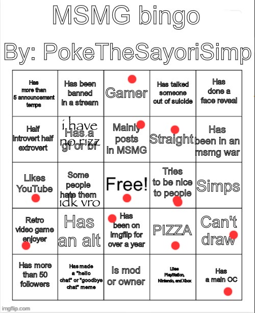 MSMG bingo by poke | i have no rizz; idk vro | image tagged in msmg bingo by poke | made w/ Imgflip meme maker