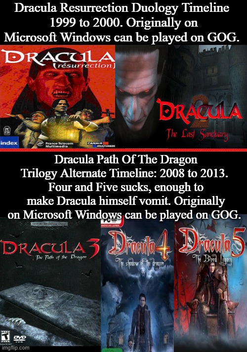 Dracula Game Timelines | Dracula Resurrection Duology Timeline 
1999 to 2000. Originally on Microsoft Windows can be played on GOG. Dracula Path Of The Dragon Trilogy Alternate Timeline: 2008 to 2013. 
Four and Five sucks, enough to make Dracula himself vomit. Originally on Microsoft Windows can be played on GOG. | image tagged in dracula resurrection,dracula the last sanctuary,dracula path of the dragon,david gasman and allen wenger,google images,memes | made w/ Imgflip meme maker