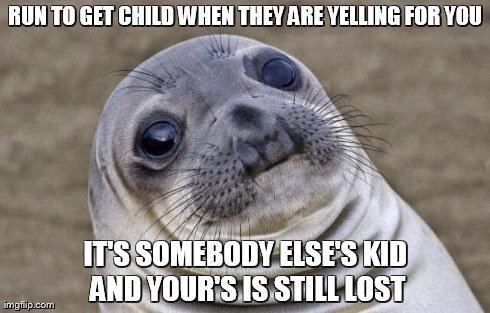 Awkward Moment Sealion Meme | RUN TO GET CHILD WHEN THEY ARE YELLING FOR YOU IT'S SOMEBODY ELSE'S KID AND YOUR'S IS STILL LOST | image tagged in memes,awkward moment sealion | made w/ Imgflip meme maker