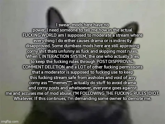 Please don't destroy DSD because of this. It will only make everything unnecessarily worse. | I swear, mods here have no power. I need someone to tell me how in the actual FUCKING WORLD am I supposed to moderate a stream where everything I do either causes drama or is indirectly disapproved. Some dumbass mods here are still approving corny shit thats unfunny as fuck and skipping most rules. When I, INTERACTION SYSTEM, the one who actually tries to keep the fucking rules through POST DISPPROVAL, COMMENT DELETION and a LOT of other fucking permissions that a moderator is supposed to fucking use to keep this fucking stream safe from assholes and void of any corny ass """memes""", actually do stuff to avoid drama and corny posts and whatsoever, everyone goes against me and accuses me of mod abuse. I'M FOLLOWING THE FUCKING RULES IDIOT.
Whatever. If this continues, I'm demanding some owner to demote me. | image tagged in yo got games on yo phone | made w/ Imgflip meme maker