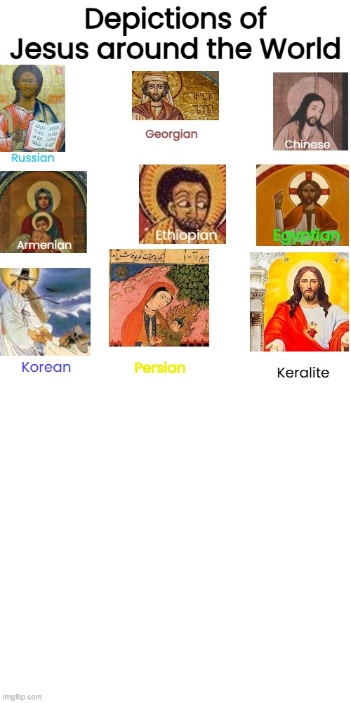 Depictions of Jesus around the World; Georgian; Chinese; Ethiopian; Russian; Egyptian; Armenian; Korean; Keralite; Persian | made w/ Imgflip meme maker