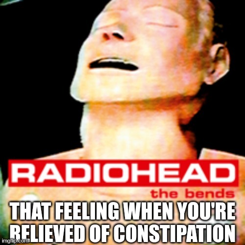 fake plastic crap | THAT FEELING WHEN YOU'RE RELIEVED OF CONSTIPATION | image tagged in radiohead bends,constipation | made w/ Imgflip meme maker