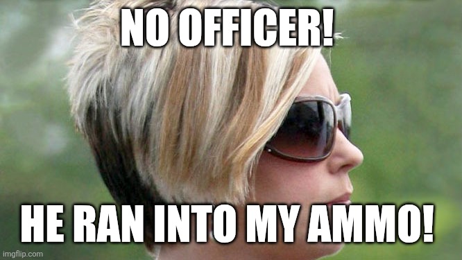 Karen | NO OFFICER! HE RAN INTO MY AMMO! | image tagged in karen | made w/ Imgflip meme maker