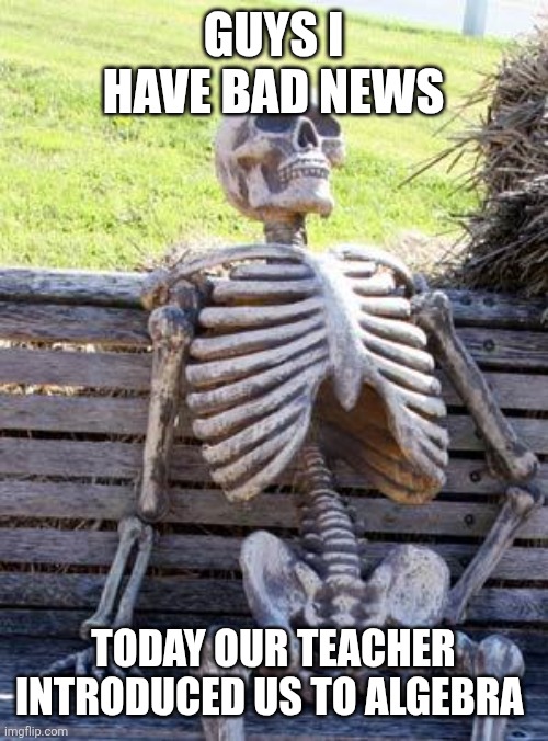 Waiting Skeleton Meme | GUYS I HAVE BAD NEWS; TODAY OUR TEACHER INTRODUCED US TO ALGEBRA | image tagged in memes,waiting skeleton | made w/ Imgflip meme maker