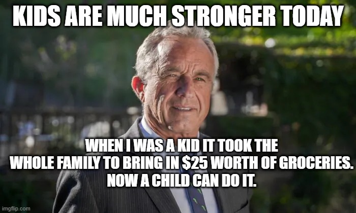 Robert F. Kennedy, Jr. | KIDS ARE MUCH STRONGER TODAY; WHEN I WAS A KID IT TOOK THE WHOLE FAMILY TO BRING IN $25 WORTH OF GROCERIES.
NOW A CHILD CAN DO IT. | image tagged in robert f kennedy jr | made w/ Imgflip meme maker