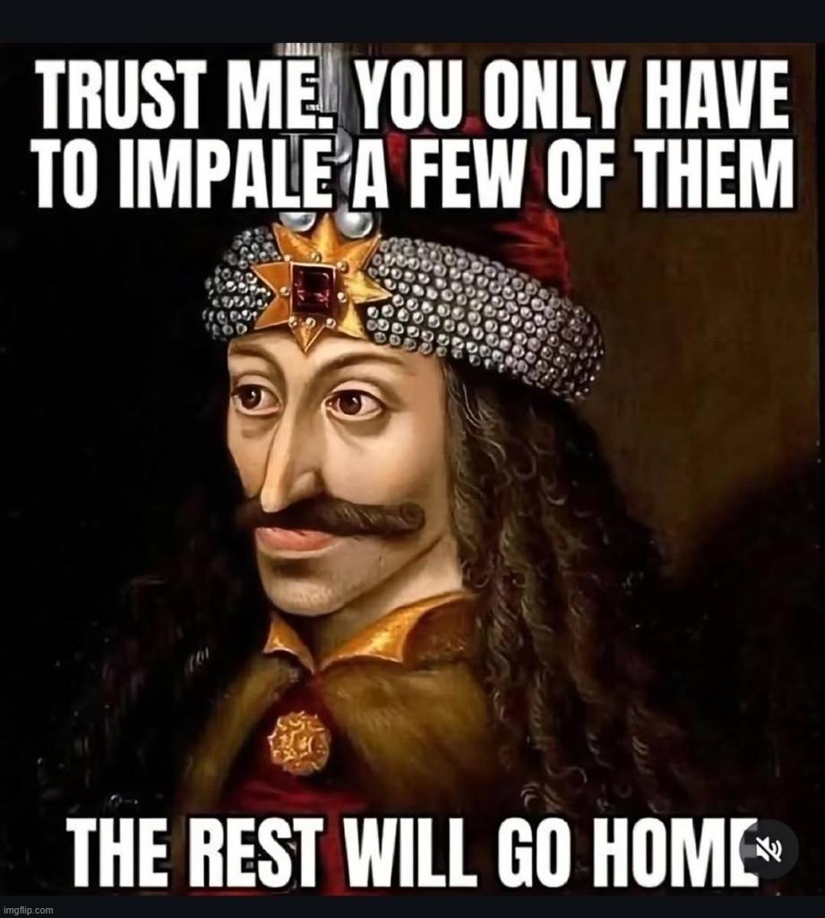 Impale a few of them. The rest will go home. | image tagged in be like,vlad the impaler,illegal aliens,illegal immigrants,illegal immigration,crime and punishment | made w/ Imgflip meme maker