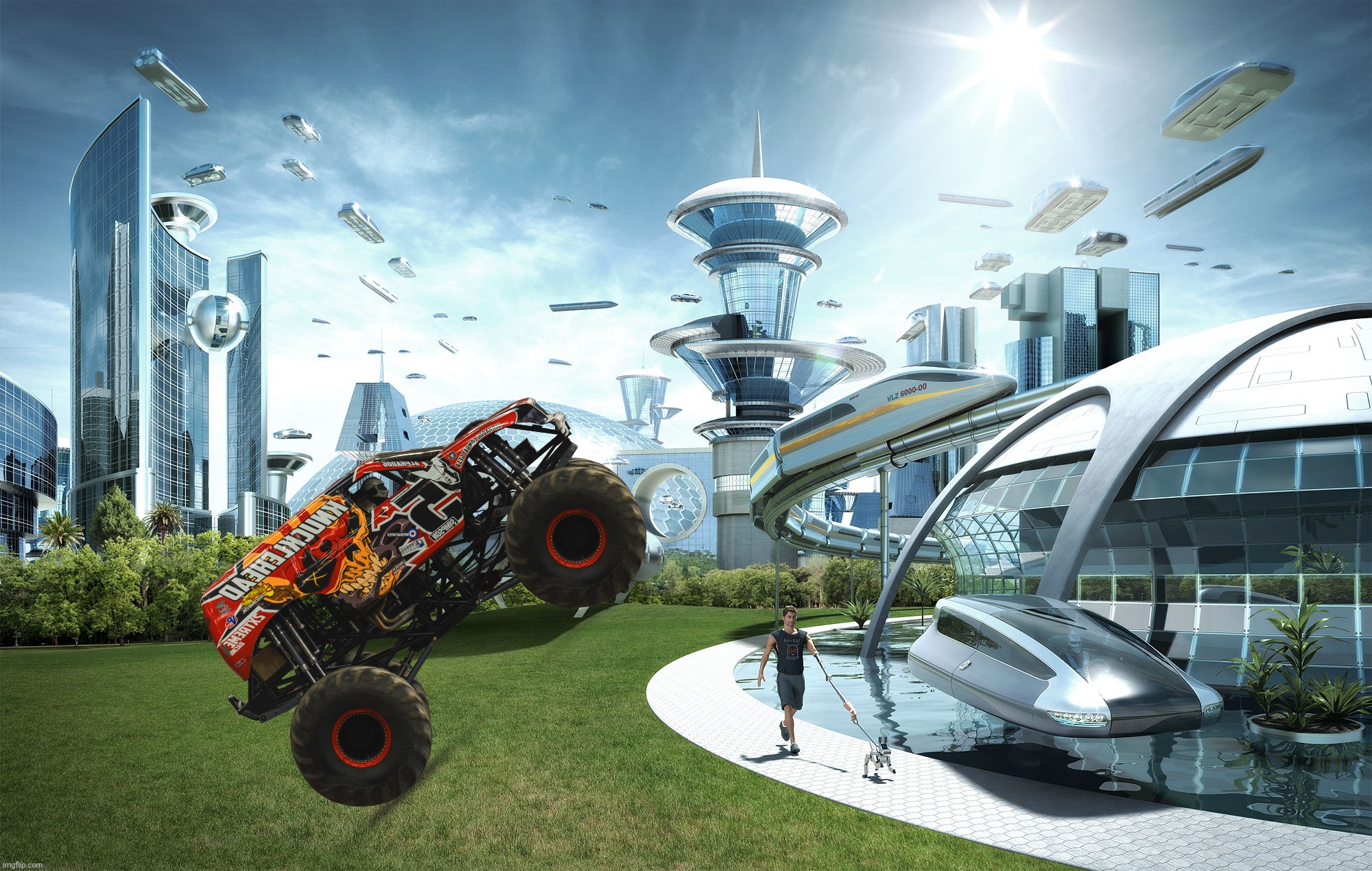 Monster truck in a futuristic Utopia | image tagged in futuristic utopia,monster truck | made w/ Imgflip meme maker