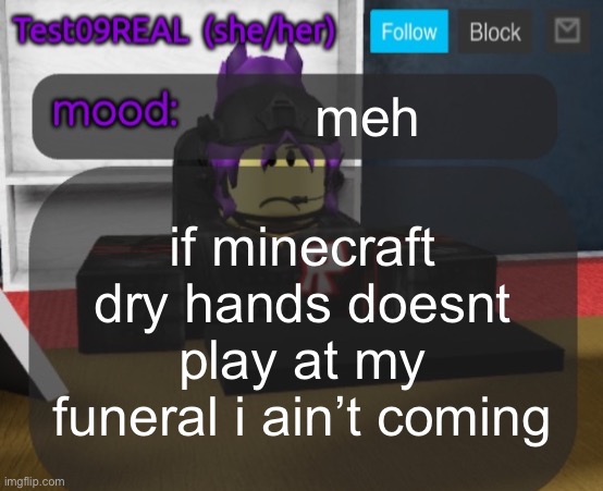 Test09 Jane Doe temp v2 | meh; if minecraft dry hands doesnt play at my funeral i ain’t coming | image tagged in test09 jane doe temp v2 | made w/ Imgflip meme maker