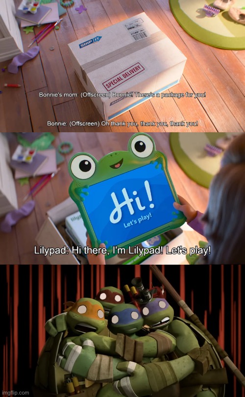 Leo, Donnie, Raph and Mikey (TMNT 2012) React to Bonnie Gets Lilypad | image tagged in who reacts to bonnie gets lilypad,toy story,tmnt,memes,pixar,disney | made w/ Imgflip meme maker