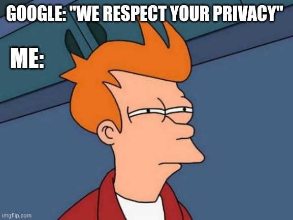 Google privacy in a nutshell | GOOGLE: "WE RESPECT YOUR PRIVACY"; ME: | image tagged in memes,futurama fry | made w/ Imgflip meme maker