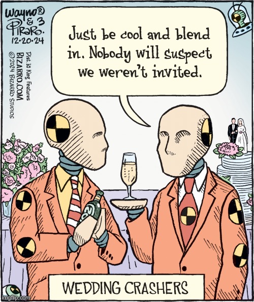 Crash test dummies… | image tagged in repost,bizarro comics,wedding crashers,crash test dummies | made w/ Imgflip meme maker