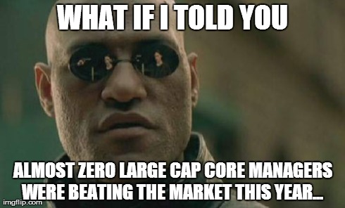 Matrix Morpheus Meme | WHAT IF I TOLD YOU ALMOST ZERO LARGE CAP CORE MANAGERS WERE BEATING THE MARKET THIS YEAR... | image tagged in memes,matrix morpheus | made w/ Imgflip meme maker