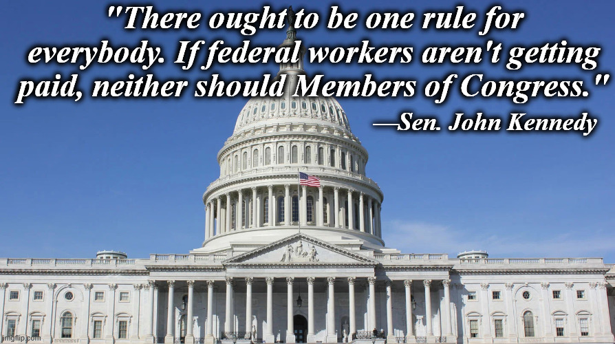 congress | "There ought to be one rule for everybody. If federal workers aren't getting paid, neither should Members of Congress."; —Sen. John Kennedy | image tagged in congress | made w/ Imgflip meme maker