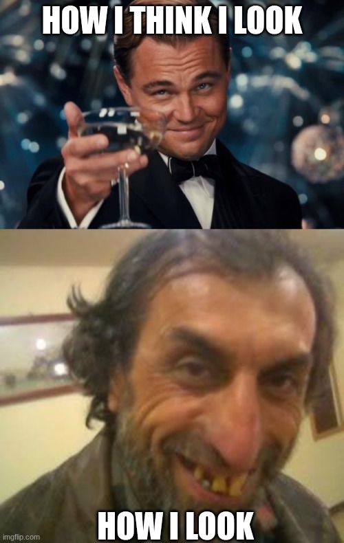 truth | HOW I THINK I LOOK; HOW I LOOK | image tagged in memes,leonardo dicaprio cheers,ugly guy | made w/ Imgflip meme maker