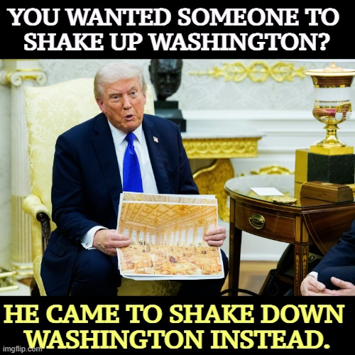 YOU WANTED SOMEONE TO 
SHAKE UP WASHINGTON? HE CAME TO SHAKE DOWN 
WASHINGTON INSTEAD. | image tagged in trump,washington dc,extortion,bribes | made w/ Imgflip meme maker