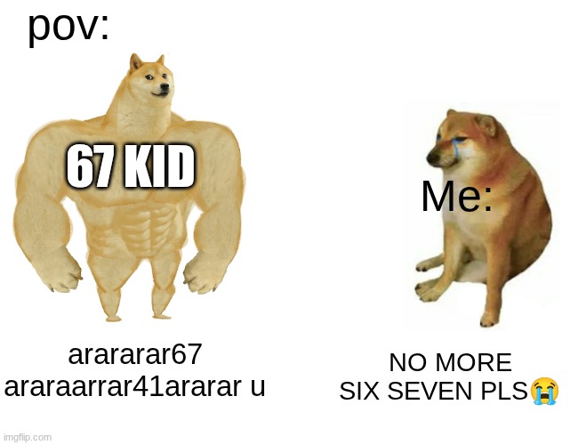 PLZ | pov:; 67 KID; Me:; arararar67 araraarrar41ararar u; NO MORE SIX SEVEN PLS😭 | image tagged in memes,buff doge vs cheems | made w/ Imgflip meme maker