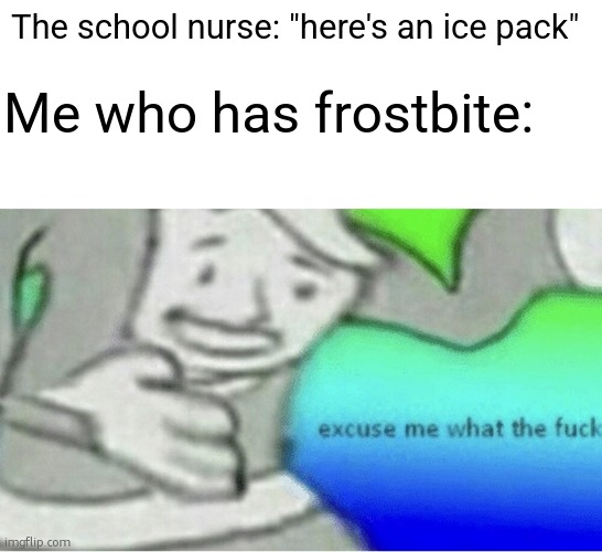 like that's gonna cure it | Me who has frostbite:; The school nurse: "here's an ice pack" | image tagged in memes,excuse me wtf blank template,funny,school nurse,relatable,ice pack | made w/ Imgflip meme maker