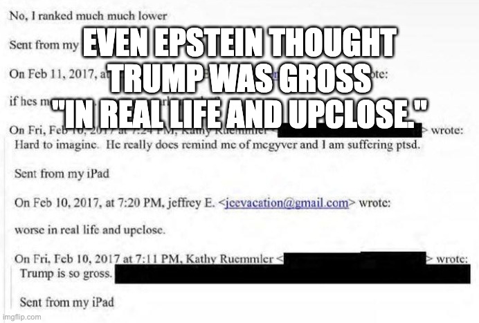EVEN EPSTEIN THOUGHT TRUMP WAS GROSS "IN REAL LIFE AND UPCLOSE." | made w/ Imgflip meme maker