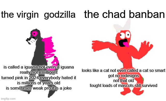 the virgin godzilla vs the chad banban | the chad banban; the virgin  godzilla; looks like a cat not even called a cat so smart
got no redesigns
not that old
fought loads of mascots still survived; is called a iguana not even a iguana
really not intelligent
turned pink in 2024 everybody hated it
is millions of years old
is sometimes weak pro it is a joke | image tagged in virgin vs chad | made w/ Imgflip meme maker