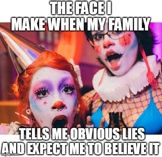 The face I make When my family | THE FACE I MAKE WHEN MY FAMILY; TELLS ME OBVIOUS LIES AND EXPECT ME TO BELIEVE IT | image tagged in clown,funny,family,lies,my face,stupid | made w/ Imgflip meme maker