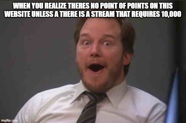 imgflip seriously? | WHEN YOU REALIZE THERES NO POINT OF POINTS ON THIS WEBSITE UNLESS A THERE IS A STREAM THAT REQUIRES 10,000 | image tagged in that face you make when you realize star wars 7 is one week away,memes,funny memes,relatable | made w/ Imgflip meme maker