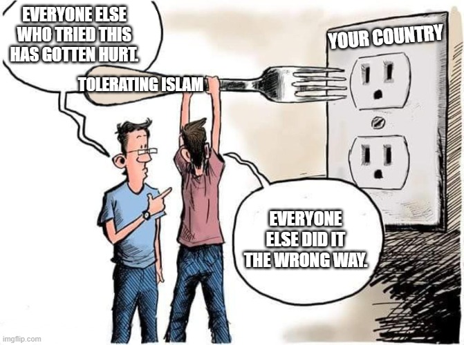 Sticking Fork In Electric Outlet | EVERYONE ELSE WHO TRIED THIS HAS GOTTEN HURT. YOUR COUNTRY; TOLERATING ISLAM; EVERYONE ELSE DID IT THE WRONG WAY. | image tagged in sticking fork in electric outlet,united states,islam,country,tolerance | made w/ Imgflip meme maker