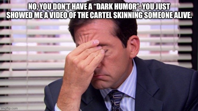 Ts pmo | NO, YOU DON’T HAVE A “DARK HUMOR”. YOU JUST SHOWED ME A VIDEO OF THE CARTEL SKINNING SOMEONE ALIVE. | image tagged in annoying | made w/ Imgflip meme maker