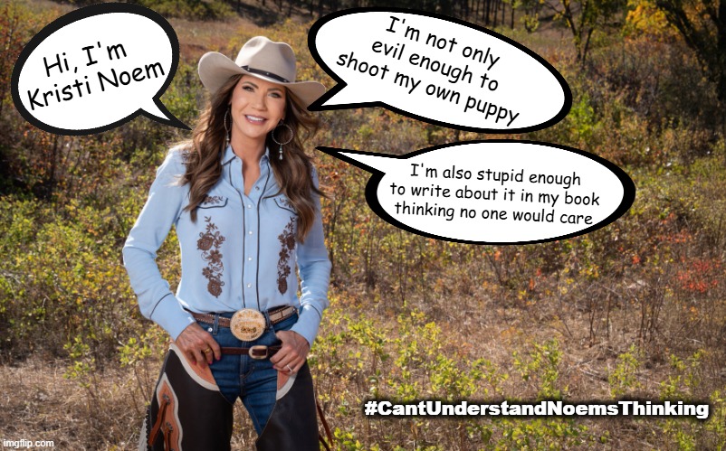 Kristi Noem is an evil &@%$ | Hi, I'm 
Kristi Noem; I'm not only evil enough to shoot my own puppy; I'm also stupid enough
to write about it in my book
thinking no one would care; #CantUnderstandNoemsThinking | image tagged in evil smile,scared dog,ice,immigration,cruel,maga | made w/ Imgflip meme maker