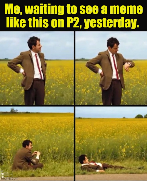 Mr bean waiting | Me, waiting to see a meme like this on P2, yesterday. | image tagged in mr bean waiting | made w/ Imgflip meme maker