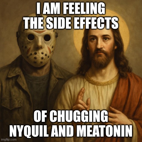 Put Jason Voorhees next to Jesus Christ | I AM FEELING THE SIDE EFFECTS OF CHUGGING NYQUIL AND MEATONIN | image tagged in put jason voorhees next to jesus christ | made w/ Imgflip meme maker