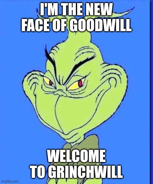 Grinchwill | I'M THE NEW FACE OF GOODWILL; WELCOME TO GRINCHWILL | image tagged in good grinch | made w/ Imgflip meme maker