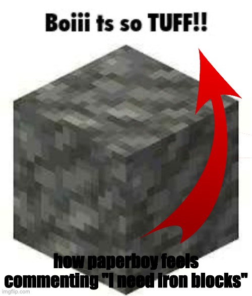 Boii ts so TUFF!! | how paperboy feels commenting "I need iron blocks" | image tagged in boii ts so tuff | made w/ Imgflip meme maker