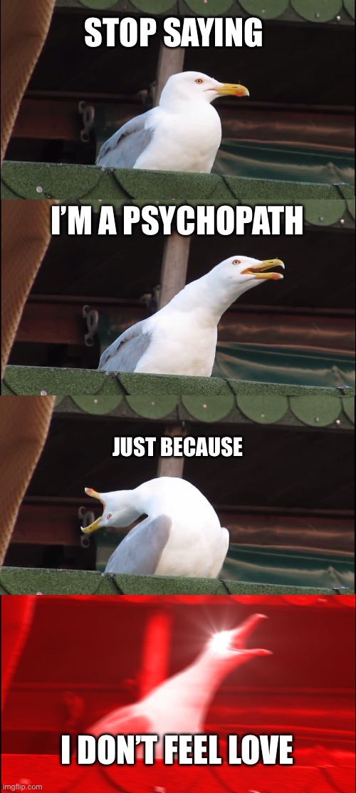 I hate when this happens | STOP SAYING; I’M A PSYCHOPATH; JUST BECAUSE; I DON’T FEEL LOVE | image tagged in memes,inhaling seagull | made w/ Imgflip meme maker