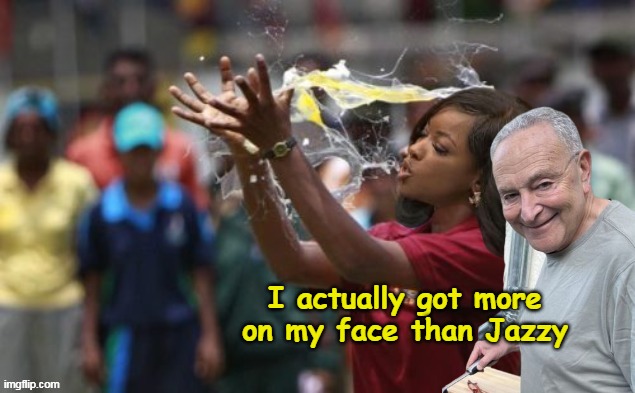 Schumer Shutdown Downer | I actually got more on my face than Jazzy | image tagged in egg of face schumer jasmine shutdown meme | made w/ Imgflip meme maker