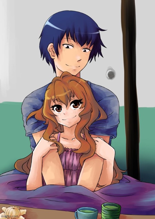 Ryuji-Taiga cuddle | image tagged in toradora,anime,cuddling,cute | made w/ Imgflip meme maker