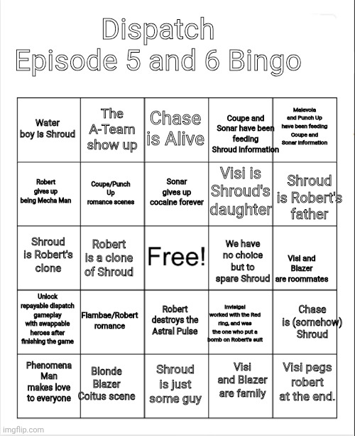 Blank Bingo | Dispatch Episode 5 and 6 Bingo; Chase is Alive; The A-Team show up; Coupe and Sonar have been feeding Shroud information; Malevola and Punch Up have been feeding Coupe and Sonar information; Water boy is Shroud; Sonar gives up cocaine forever; Shroud is Robert's father; Visi is Shroud's daughter; Robert gives up being Mecha Man; Coupe/Punch Up romance scenes; Shroud is Robert's clone; Robert is a clone of Shroud; We have no choice but to spare Shroud; Visi and Blazer are roommates; Chase is (somehow) Shroud; Unlock repayable dispatch gameplay with swappable heroes after finishing the game; Flambae/Robert romance; Robert destroys the Astral Pulse; Invisigal worked with the Red ring, and was the one who put a bomb on Robert's suit; Visi and Blazer are family; Blonde Blazer Coitus scene; Visi pegs robert at the end. Phenomena Man makes love to everyone; Shroud is just some guy | image tagged in blank bingo | made w/ Imgflip meme maker