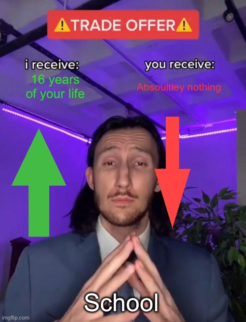 16 years done. | 16 years of your life; Absoultley nothing; School | image tagged in trade offer | made w/ Imgflip meme maker