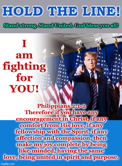 Hold The Line - Philippians 2:1-2 | HOLD THE LINE! Stand strong. Stand United. God bless you all! I
am
fighting
for
YOU! @SongofGrace  @OneJoyfulNoise; Philippians 2:1-2
Therefore if you have any encouragement in Christ, if any comfort from His love, if any fellowship with the Spirit, if any affection and compassion, then make my joy complete by being like-minded, having the same love, being united in spirit and purpose. | image tagged in hold the line | made w/ Imgflip meme maker