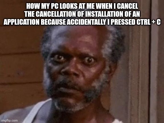 Even more furious | HOW MY PC LOOKS AT ME WHEN I CANCEL THE CANCELLATION OF INSTALLATION OF AN APPLICATION BECAUSE ACCIDENTALLY I PRESSED CTRL + C | image tagged in samuel l jackson - stare,funny,memes,pc,computer | made w/ Imgflip meme maker