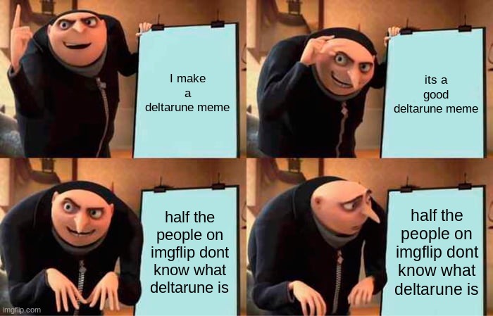 Gru's Plan | I make a deltarune meme; its a good deltarune meme; half the people on imgflip dont know what deltarune is; half the people on imgflip dont know what deltarune is | image tagged in memes,gru's plan | made w/ Imgflip meme maker